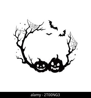 Cornice nera spaventosa per le vacanze di Halloween adornata da minacciosi volti di zucca, ragnatele, pipistrelli e alberi inquietanti, che catturano lo spirito di un fascino da brivido. Bordo monocromatico isolato per istantanee spaventose Illustrazione Vettoriale