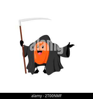 Il personaggio della zucca di Halloween indossa un pessimo costume da mietitore, che combina spettrale e carino per un piacevole tocco di vacanza. Zucca vettoriale isolata in veste con falce che irradia lo spirito di vigilia di tutti i doni Illustrazione Vettoriale
