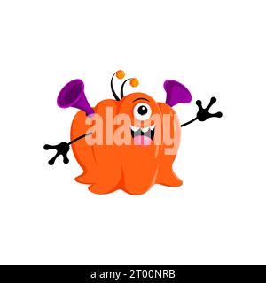 Personaggio alieno della zucca di Halloween. Vector et Gourd isolati con un occhio tondo, tendine, orecchie a forma di imbuto e sorriso toothy. Stravagante personaggio extraterrestre pronto per le spaventose feste Illustrazione Vettoriale