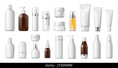 Flaconi, provette e contenitori in plastica per prodotti cosmetici realistici. Mockup vettoriale 3d isolato di prodotti cosmetici. Vasetto crema, spray, olio, lozione o shampoo, doccia gel e sapone liquido, antiperspirante Illustrazione Vettoriale