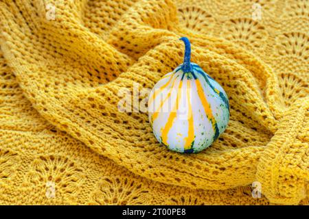 Zucca piccola su un maglione giallo a maglia. Concetto autunnale. Vista dall'alto. Foto Stock