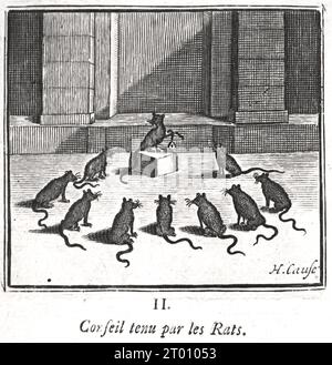 Conseil tenu par les Rats (battendo il gatto) le Favole di la Fontaine, illustrate da Francois Chauveau. 1668 Foto Stock