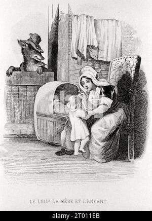 Le Loup, la Mère et l'Enfant (il lupo, la madre e il bambino) le favole di la Fontaine, illustrate da Jean-Jacques Grandville. xix secolo Foto Stock