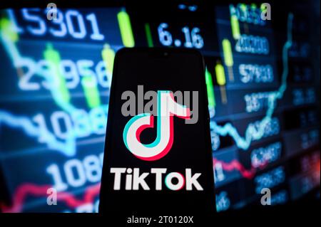 Polonia. 3 ottobre 2023. In questa immagine, un logo TikTok viene visualizzato su uno smartphone con percentuali del mercato azionario sullo sfondo. (Foto di Omar Marques/SOPA Images/Sipa USA) **** esclusivamente a scopo editoriale *** credito: SIPA USA/Alamy Live News Foto Stock