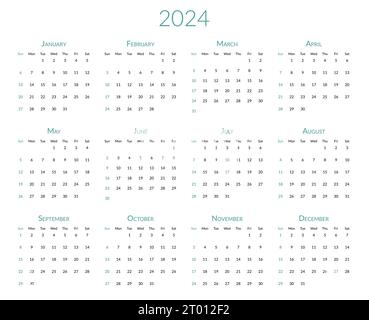2024 anni di calendario. La settimana inizia domenica. Modello di desk planner con 12 mesi. Diario annuale di cancelleria. Illustrazione vettoriale Illustrazione Vettoriale