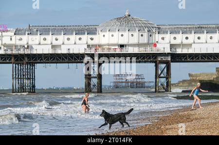 Brighton Regno Unito 3 ottobre 2023 - i nuotatori godono di una calda giornata di sole a Brighton, poiché le temperature sono previste per il periodo dell'anno in alcune parti del paese: Credit Simon Dack / Alamy Live News Foto Stock