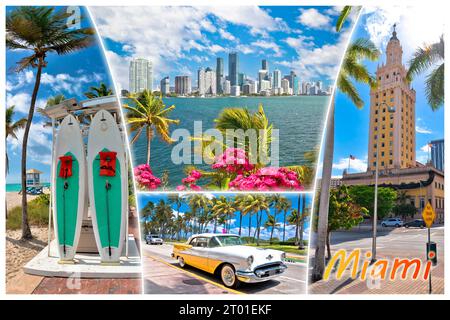 Punti di riferimento della città di Miami vista da cartolina turistica con etichetta, stato della Florida, stati uniti d'America Foto Stock