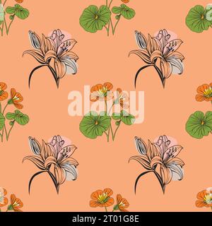 Stile piatto fiore motivo senza cuciture, design vettoriale, Illustrazione Vettoriale