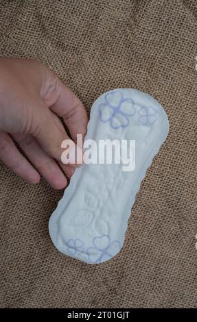 Tamponi igienici da donna su sfondo marrone. Donna che tiene la mano ogni giorno. concetto di igiene Foto Stock