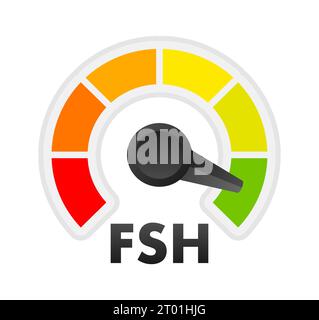 Misuratore di livello dell'ormone follicolo-stimolante, scala di misurazione. Indicatore del tachimetro di livello FSH. Illustrazione delle scorte vettoriali Illustrazione Vettoriale
