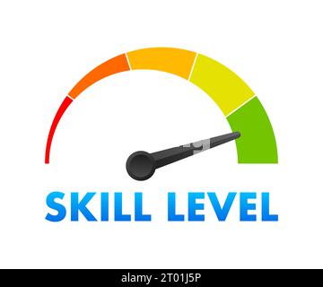 Misuratore del livello di abilità, scala di misurazione. Indicatore del tachimetro a livello di abilità. Illustrazione delle scorte vettoriali Illustrazione Vettoriale