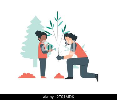 La giovane madre e sua figlia piantano un albero in giardino. Illustrazione del vettore piatto. Illustrazione Vettoriale