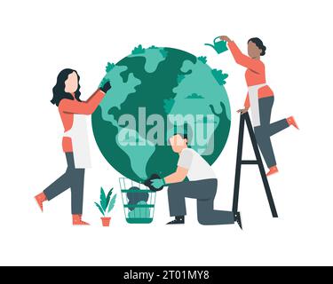 Volontari che annaffiano il pianeta come concetto di concervazione della Terra. Illustrazione vettoriale per pratiche sostenibili e rispettose dell'ambiente Illustrazione Vettoriale