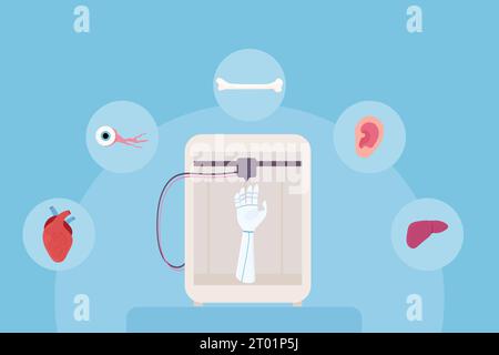 Stampa 3d, bioprinting, organi artificiali, protesi, sintetici. Fegato, braccio, orecchio, occhio, osso, cuore. Illustrazione vettoriale Illustrazione Vettoriale