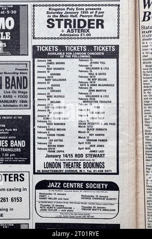 Advertit for Concerts nel numero degli anni '1970 di NME New Musical Express Music Paper Foto Stock