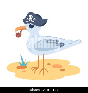 Simpatico marinaio di gabbiano di mare con una pipa da tabacco in un cappello coccolato. Personaggio dei cartoni animati per bambini. Il pirata con un occhio solo, Jolly Roger, avventure e viaggi. Vettore il Illustrazione Vettoriale