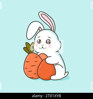 Coniglio da cartone animato con uova e carote. Arte piatta. Illustrazione Vettoriale