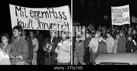 Deutschland einig Vaterland - Donnerstagsdemo 09.11.1989 a Rostock Die größte Donnerstagsdemo erlebt Rostock mit der Öffnung der Mauer AM 9.11.1989. Die Zahl der Teilnehmer wird in den Medien mit 40 000 angegeben. Faktisch traut hier keiner mehr den SED-Oberen, Die mit dem Wink der Reisefreiheit die DDR retten wollen. DAS kommt bei zahlreichen Bürgern nicht mehr an, die bereits auf Pro Deutsche Einheit eingestellt sind, wie das Transparent mit der Losung DEUTSCHLAND EINIG VATERLAND zeigt. 09.11.1989 Rostock Lange Straße Meclemburgo-Vorpommern Deutschland *** Germania united Pattherland giovedì Foto Stock