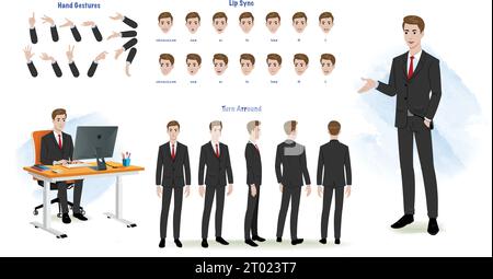 Set di design dei personaggi Business Man. Foglio modello carattere. Personaggio animato con vista frontale, laterale e posteriore. Set per la creazione di personaggi uomo d'affari con Illustrazione Vettoriale