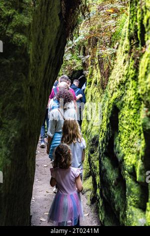 Kurort Rathen, Germania. 3 ottobre 2023. Numerosi visitatori camminano attraverso i cosiddetti fori della Svezia lungo il tragitto da o verso la formazione rocciosa Bastei nel Parco nazionale della Svizzera sassone nel giorno dell'unità tedesca. Il Bastei è una delle attrazioni principali della Sassonia e, con 1,5 milioni di visitatori all'anno, il punto panoramico più popolare delle montagne di arenaria dell'Elba. Crediti: Frank Hammerschmidt/dpa/Alamy Live News Foto Stock