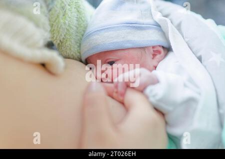 Allattamento al seno del neonato mentre viene tenuto delicatamente dalla madre in una luce naturale soffusa Foto Stock