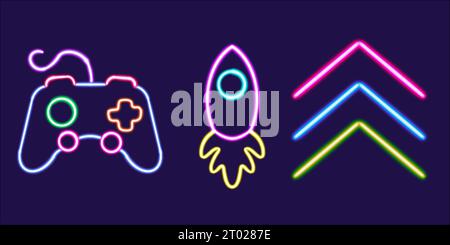 giochi al neon icona desktop brillante, adesivo joystick di gioco al neon, personaggio razzo al neon, figura frecce luminose, figure geometriche al neon Foto Stock