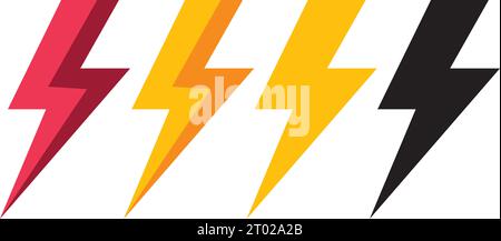 Collezione di icone Flash. set di icone con fulmine. Logo bullone. Simboli elettrici. Simboli dei fulmini elettrici. Segnale luminoso lampeggiante. Icone dei vettori elettrici Illustrazione Vettoriale