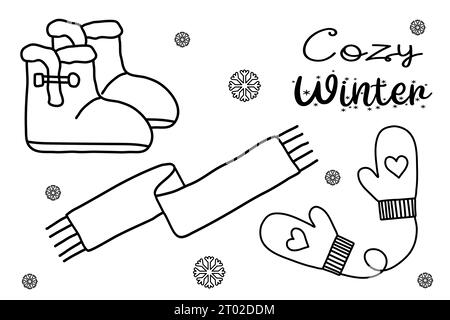 Set di accessori per il caldo inverno, stivali ciabatte in pelle scamosciata con pelliccia, sciarpa e guanti, illustrazione vettoriale piatta stile doodle per libro da colorare per bambini Illustrazione Vettoriale