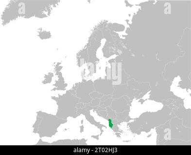 Mappa nazionale CMYK verde dell'ALBANIA all'interno di una mappa politica grigia dettagliata del continente europeo con laghi su sfondo trasparente utilizzando Mercator Illustrazione Vettoriale