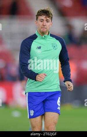 Middlesbrough, Regno Unito. 3 ottobre 2023. Ryan Wintle di Cardiff City durante la partita del campionato Sky Bet tra Middlesbrough e Cardiff City al Riverside Stadium di Middlesbrough martedì 3 ottobre 2023. (Foto: Scott Llewellyn | mi News) crediti: MI News & Sport /Alamy Live News Foto Stock