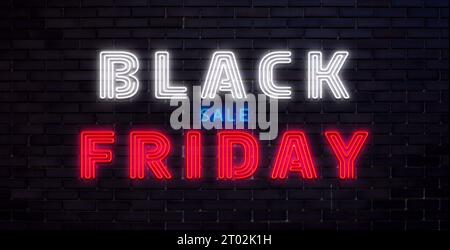 Banner chiaro al neon del Black friday. Illustrazione vettoriale. Foto Stock