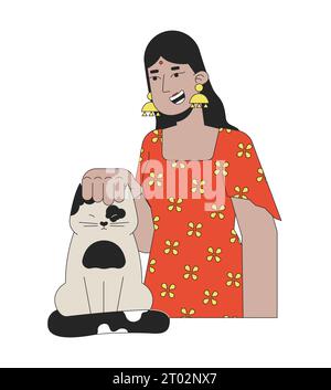 Donna indù sorridente accarezza il gatto personaggio dei cartoni animati lineari 2D. Illustrazione Vettoriale