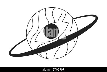 Pianeta psichedelico con un oggetto concettuale di cartoni animati in 2D ad anello in bianco e nero Illustrazione Vettoriale
