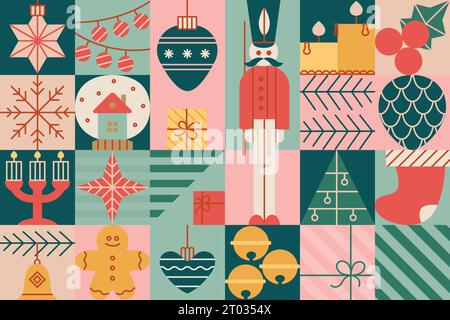 Motivo a blocchi senza cuciture per Natale con giocattoli, palle, stella, soldato, albero, candela. Illustrazioni in stile vintage. Illustrazione Vettoriale