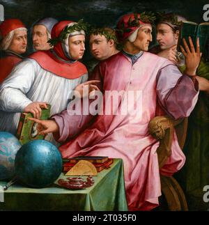 Sei poeti toscani di Giorgio Vasari, 1544; da sinistra a destra: Cristoforo Landino, Marsilio Ficino, Francesco Petrarca, Giovanni Boccaccio, Dante Alighieri, e Guido Cavalcanti, dipinto di Giorgio Vasari Foto Stock