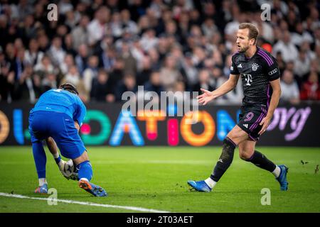 Copenhagen, Danimarca. 3 ottobre 2023.Harry Kane del Bayern Monaco durante la partita di Champions League tra FC Copenhagen e FC Bayern Monaco, nel secondo turno del gruppo A A a Parken, Copenaghen, martedì 3 ottobre 2023.. (Foto: Mads Claus Rasmussen/Ritzau Scanpix) credito: Ritzau/Alamy Live News Foto Stock