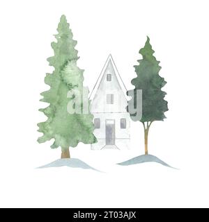 Paesaggio invernale, foto di Capodanno, foto di Natale dipinte con acquerelli a mano, alberi, alberi di Natale, pini, case Foto Stock