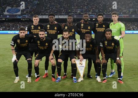 Napoli, Italia. 3 ottobre 2023. La formazione del Real Madrid durante la UEFA Champions League tra SSC Napoli e Real Madrid FC allo stadio Diego Armando Maradona Credit: Independent Photo Agency/Alamy Live News Foto Stock