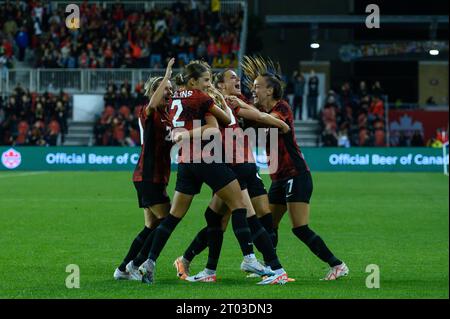 Toronto, ONTARIO, Canada - 26 settembre 2023: I giocatori della nazionale femminile canadese selezionano l'obiettivo durante la partita olimpica CONCACAF W 2023 Foto Stock