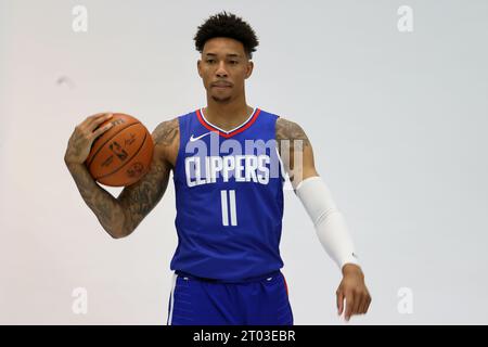 LA Clippers guardano Jordan Miller (11) posa durante la giornata dei media all'Honey Training Center, lunedì 2 ottobre 2023, a Los Angeles. (Kevin Terrell/immagine dello sport) Foto Stock