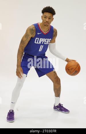 LA Clippers guardano Jordan Miller (11) posa durante la giornata dei media all'Honey Training Center, lunedì 2 ottobre 2023, a Los Angeles. (Kevin Terrell/immagine dello sport) Foto Stock