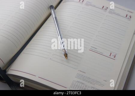 Primo piano di un'agenda aperta per il fine settimana del 14 del mese in cui c'è uno spazio per penne e copie Foto Stock