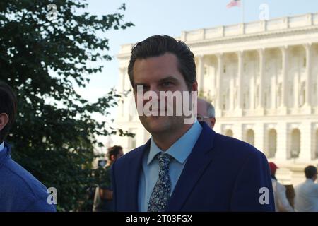 Washington, DC, USA. 3 ottobre 2023. Rep. USA Matt Gaetz (R-Flag.) Lascia il Campidoglio dopo essersi trasferito a spodestare il Rep. Kevin McCarthy (R-Cal.) In qualità di Presidente della camera dei rappresentanti. Credito: Philip Yabut/Alamy Live News Foto Stock