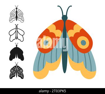 Set retrò stilizzato Moth o Butterfly. Mistico simbolo bohémien ali di insetti con ornamento. Colorato, sagoma o simbolo, tatuaggio a doodle, falena celeste decorata con linee. Decorazioni d'epoca vettoriali Illustrazione Vettoriale