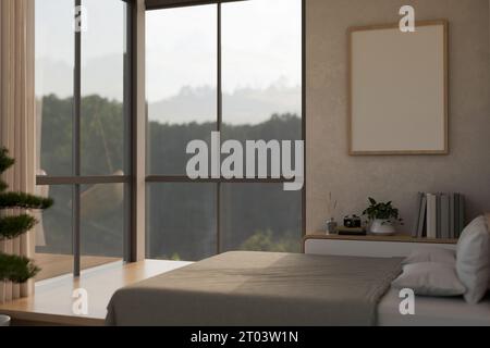 Un design interno moderno e confortevole della camera da letto con un comodo letto, un cassetto accanto al letto, un mockup vuoto su una parete e una grande finestra con una splendida Foto Stock