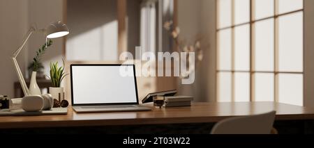 Un modello di laptop con schermo bianco su una scrivania in legno con accessori in un moderno ufficio domestico o in un ufficio privato. immagine ravvicinata dell'area di lavoro. 3d re Foto Stock
