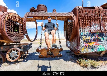 Al cimitero dei treni di Uyuni, Bolivia, Sud America Foto Stock