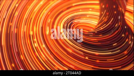 Energia gialla arancione astratta linee di turbolenza curve rotanti di scintillanti strisce di energia magica e particelle volanti sullo sfondo. Foto Stock