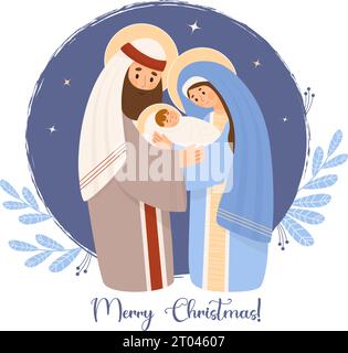 Sacra famiglia. Buon biglietto di Natale. Carina Vergine Maria, san Giuseppe e il bambino Gesù Cristo. Nascita di Salvatore. Illustrazione vettoriale in stile piatto cartoni animati Illustrazione Vettoriale