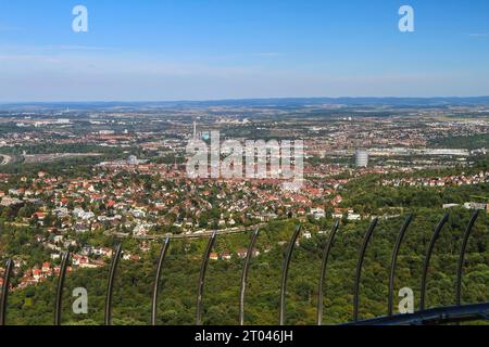 Stoccarda est, valle del Neckar con stadio Neckar e centrale elettrica di Muenster, vista dalla piattaforma di osservazione della torre della televisione, alta 217 metri e Foto Stock